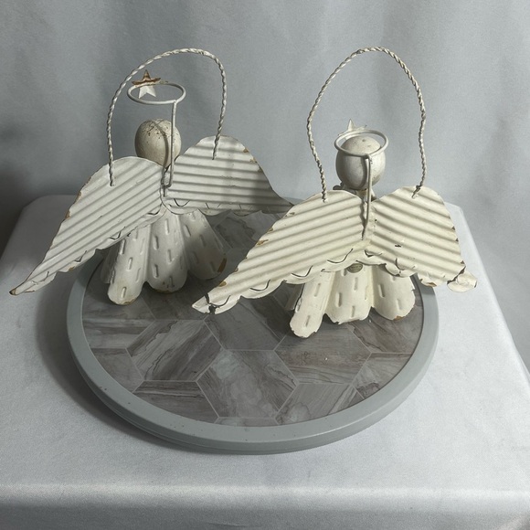 Rustic Corrugated Metal Angel Figurines Set of 2 White Holiday Decor Christmas - Picture 3 of 6